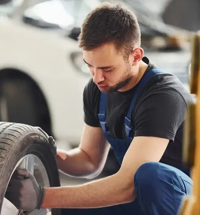 Reifen-aufziehen-Werkstatt Ein Mechaniker zieht einen neuen Reifen auf in der Werkstatt
