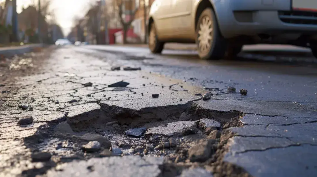 Ein Schlagloch ist auf der Straße neben einem Auto, was eine mögliche Ursache für defekte Stoßdämpfer darstellt.