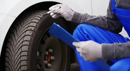 Wann lohnt es sich die Autoreifen zu wechseln?   Ein Werkstattmitarbeiter prüft die Profiltiefe, um einzuschätzen, wann die Reifen gewechselt werden müssen.