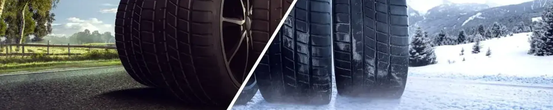 Sind Sommerreifen im Winter erlaubt? Zwei Paar Reifen bei unterschiedlichen Wetterverhältnissen symbolisieren das Thema Sommerreifen im Winter.