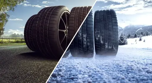 Sind Sommerreifen im Winter erlaubt? Zwei Paar Reifen bei unterschiedlichen Wetterverhältnissen symbolisieren das Thema Sommerreifen im Winter.