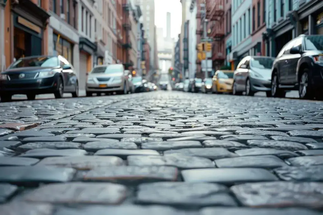 Eine Straße aus Kopfsteinpflaster in einer Stadt kann eine Ursache für defekte oder quietschenden Stoßdämpfer sein.