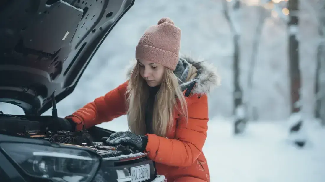 Die Grafik zeigt eine Frau vor offener Motorhaube und toter Batterie im Winter, die sich fragt, welche Autobatterie die richtige für ihr Auto ist.