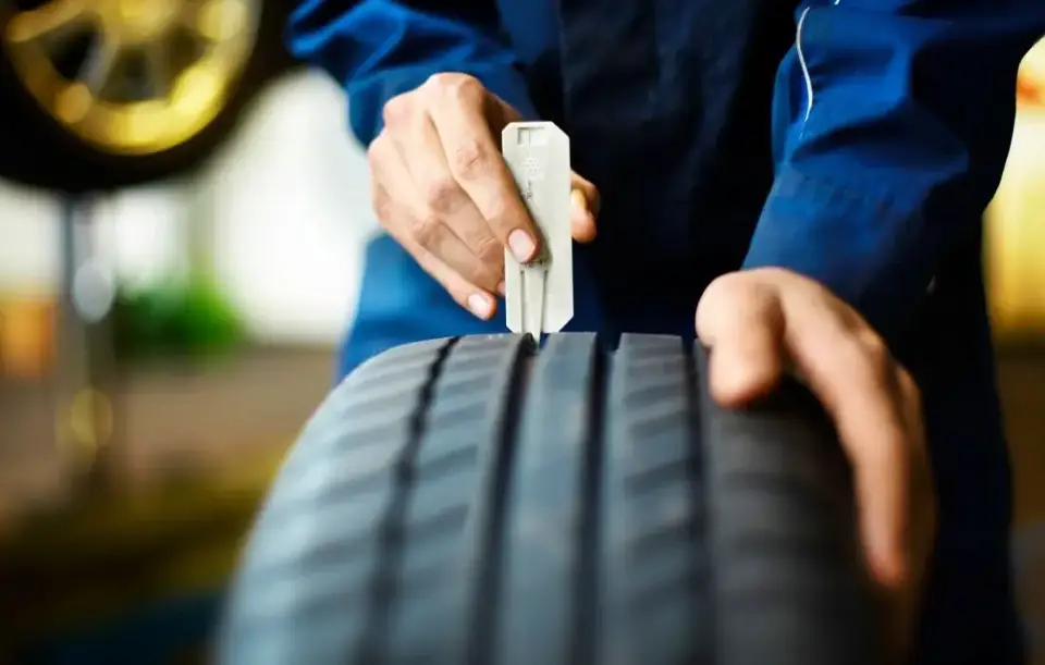 Ein TÜV-Prüfer untersucht einen Winterreifen, der im Sommer gefahren wird.